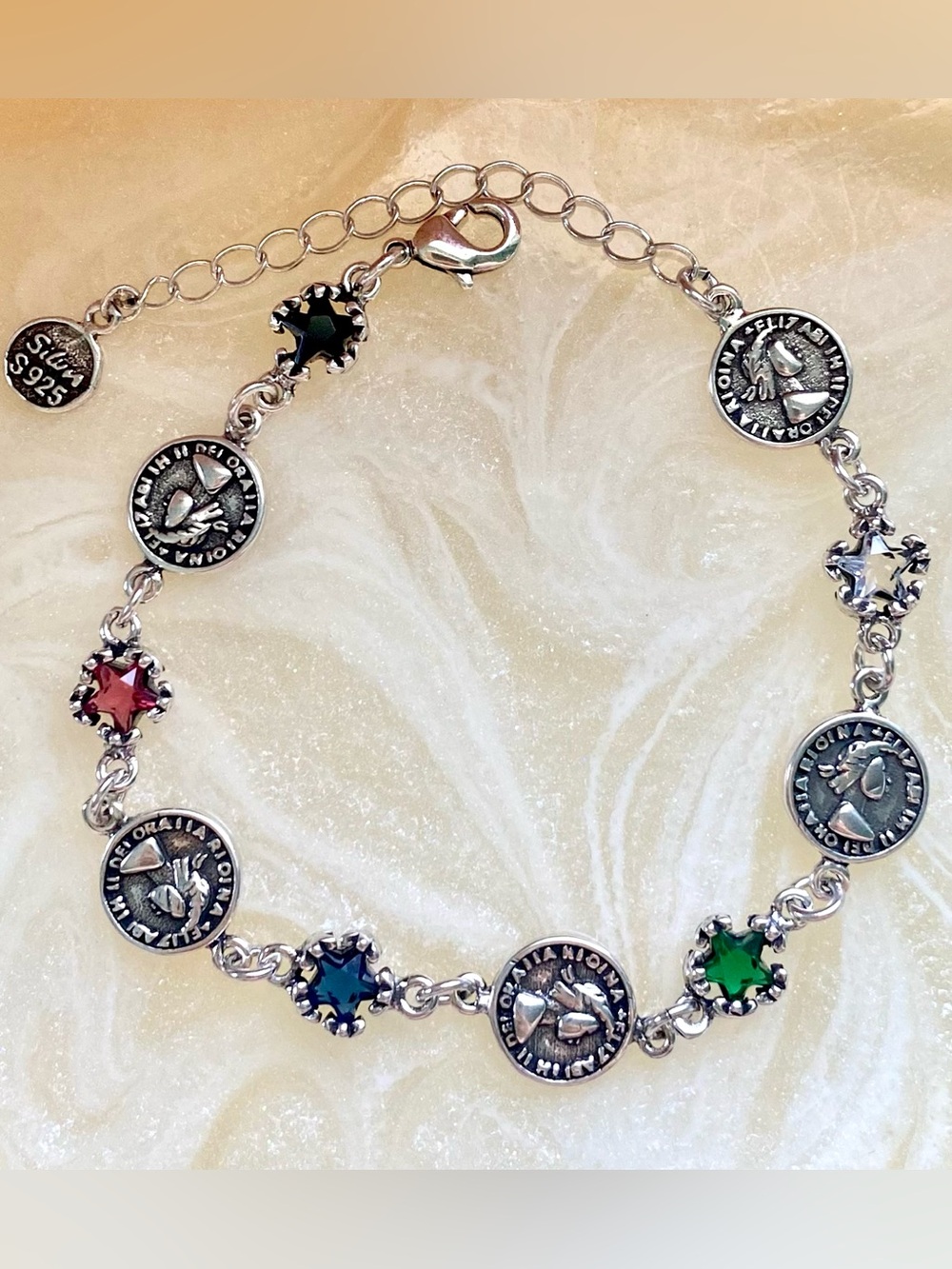 Sterling Silver Multi-Color Coin & Crystal Bracelet